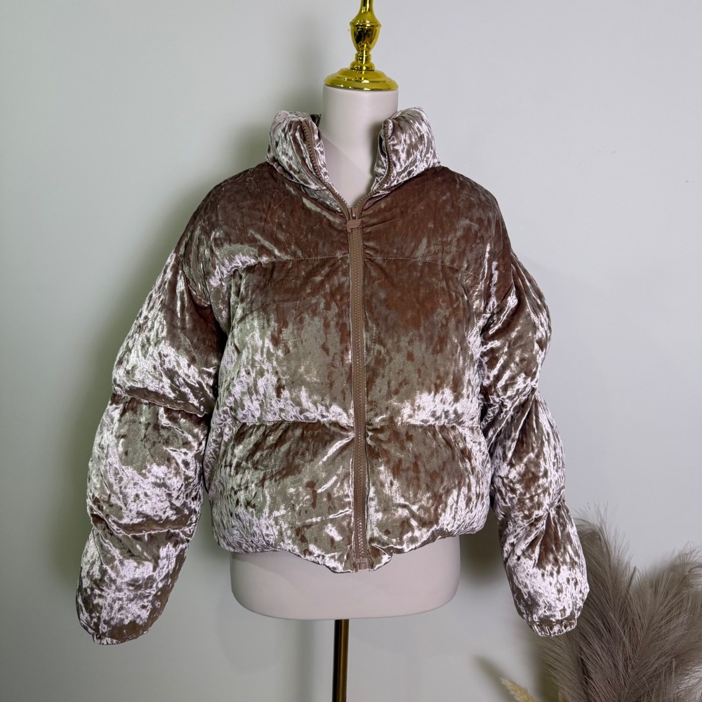 Fabletics Crushed Velvet Puffer Jacket Medium Taupe Bronze Cropped Quilted Coat